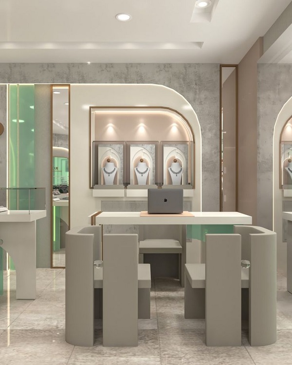 Ánh sáng trắng được ưa chuộng cho quầy lễ tân showroom ngọc trai