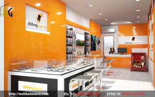 Không gian cam vàng sang trọng và hiện đại trong thiết kế shop điện thoại