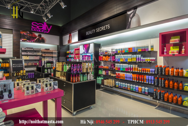Thiết kế nội thất shop mỹ phẩm với 2 tone màu hồng và đen