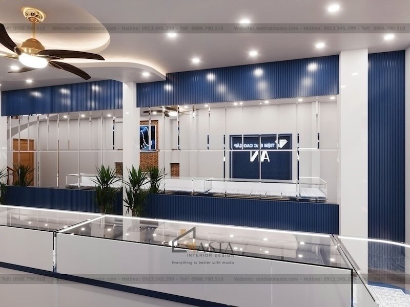 Lựa chọn tủ gỗ MDF màu trắng khung viền nâu để làm dịu màu sắc xanh nav