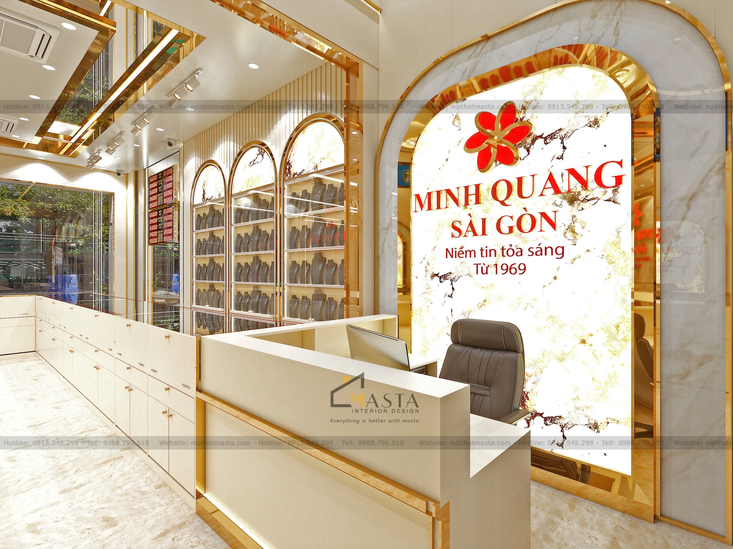 Quầy background logo thiết kế khung viền mạ vàng kết hợp mặt vân đá sang trọng