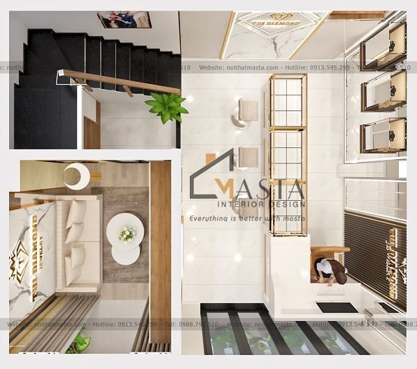 Bản vẽ nội thất 3D thể hiện tỷ lệ không gian tiệm vàng
