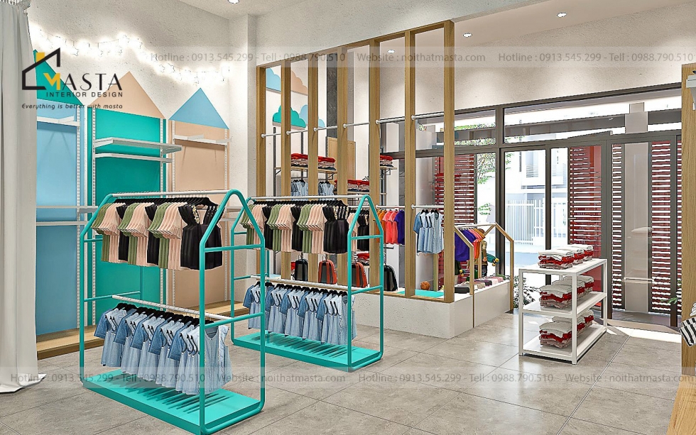 Thiết kế shop quần áo trẻ nhỏ đẹp theo phong cách hiện đại, tối giản