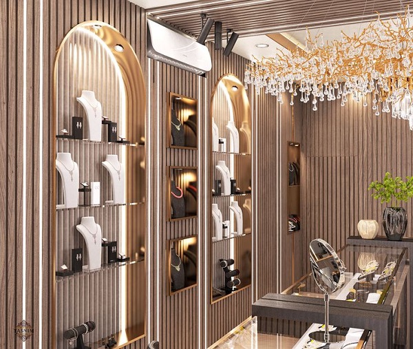 Mẫu đèn chiếu sáng cho tủ kính trưng bày ngọc trai trong showroom