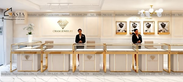 Mẫu tiệm vàng sử dụng màu xám khói để tăng chiều sâu cho tiệm vàng