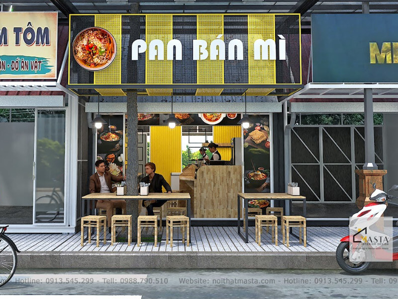 Biển hiệu kios Pan Bán Mì được thiết kế đơn giản nhưng nổi bật, thu hút sự chú ý từ xa
