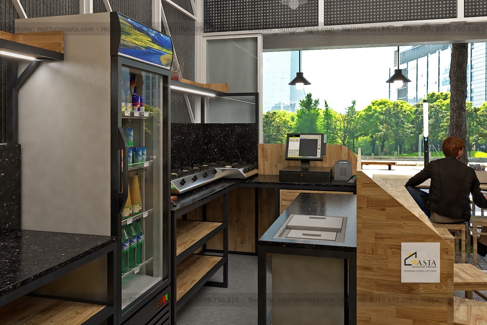 Khu vực bếp mở được thiết kế đẹp mắt, sạch sẽ và chuyên nghiệp