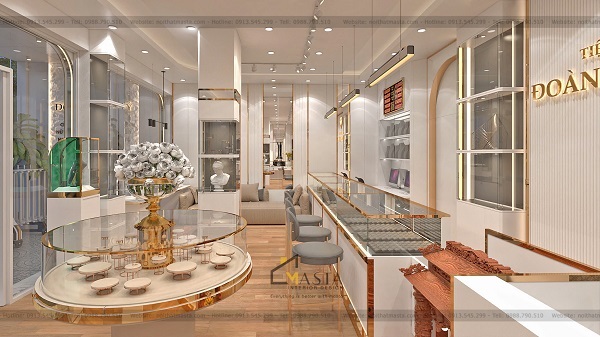 Tiệm vàng luxury sử dụng trắng và khung viền vàng kim