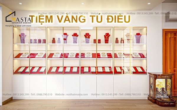 Phối màu vàng trắng trong thiết kế tiệm vàng trong quầy trưng bày