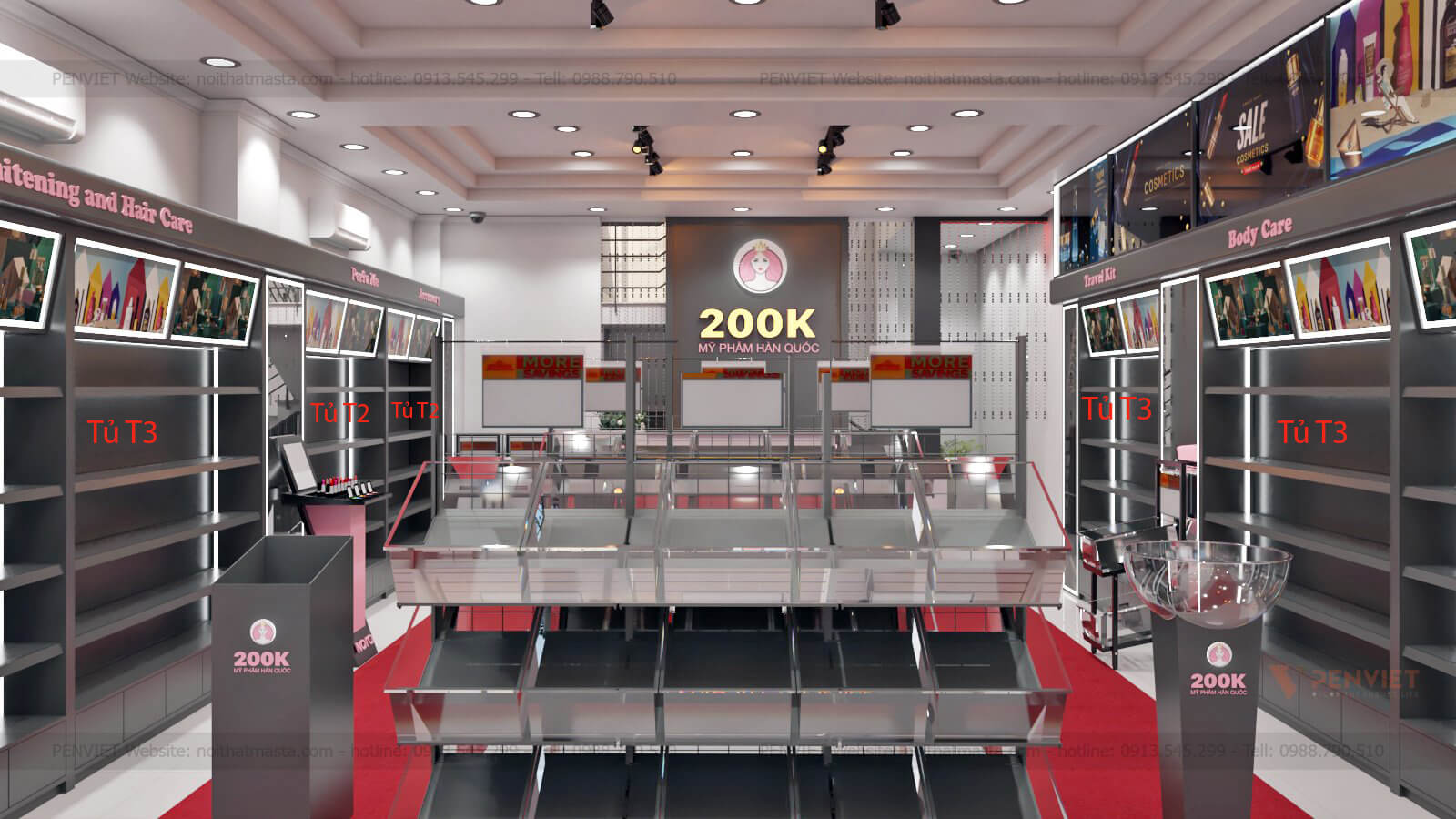 Hệ thống tủ trưng bày sát tường trong dự án thiết kế shop mỹ phẩm 200K