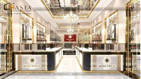 Sử dụng viền inox mạ vàng để tạo sự khác biệt với showroom trang sức thiết kế truyền thống