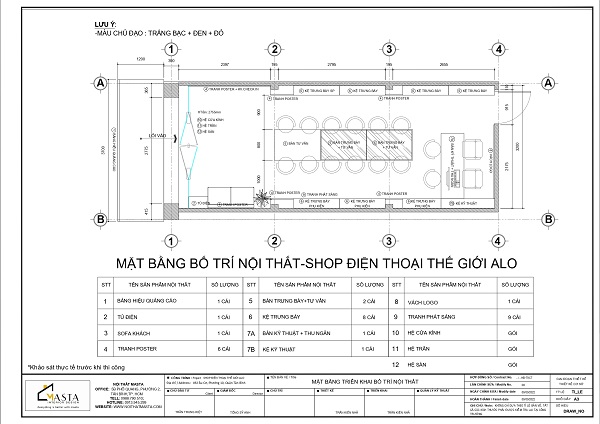 Mặt bằng bố trí thiết kế cửa hàng điện thoại thế giới alo