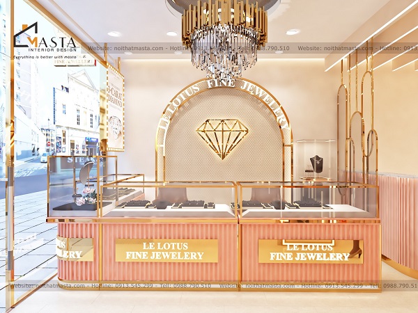 Nội thất cửa hàng trang sức Diamond Jewelry đẹp với các tủ, kệ trưng bằng bày gỗ laminate, gỗ MDF nẹp inox mạ xi vàng