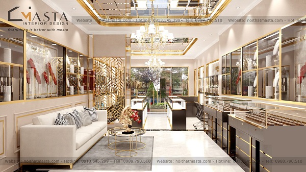 Khung cảnh 3D bên trong của dự án thiết kế cửa hàng trang sức Rose Gold Đồng Nai