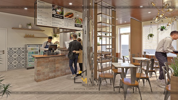 ​Không gian tổng thể phối cảnh thiết kế nhà hàng mắm Ha Noi Restaurant khu vực thu ngân.