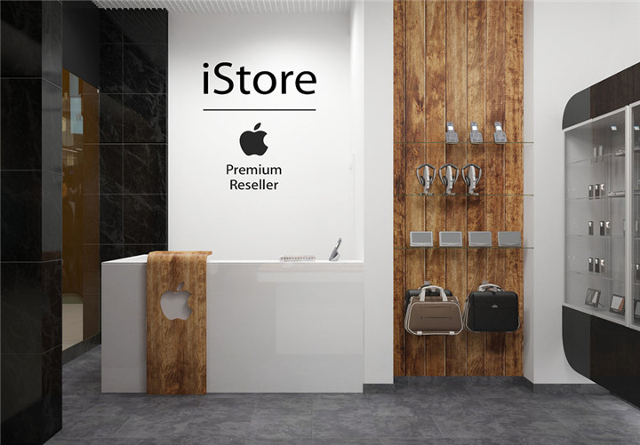 Thiết kế nội thất cửa hàng điện thoại di động bằng gỗ và thủy tinh