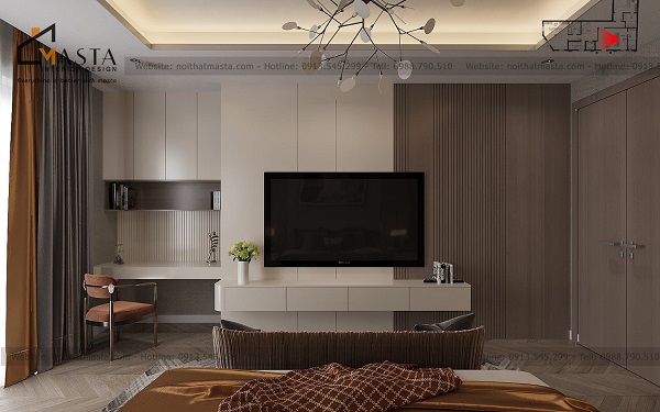 Thiết kế vách ngăn bằng chất liệu gỗ, tạo điểm nhấn cho phòng ngủ