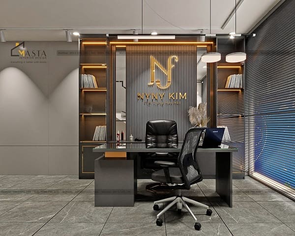 Sử dụng vách lam gỗ nhựa kết hợp logo màu vàng nổi bật, tăng độ nhận diện thương hiệu