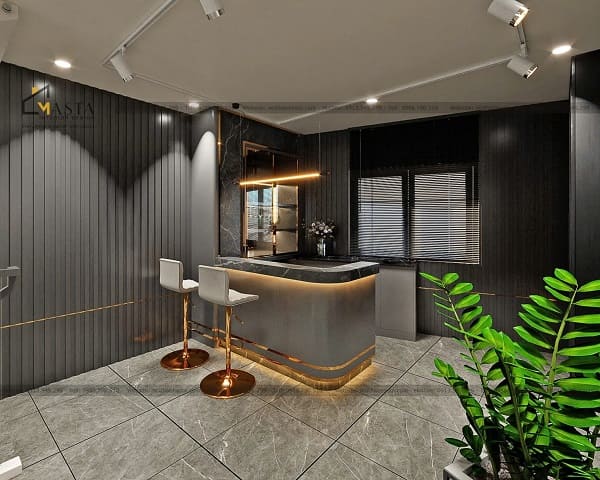 Bố trí quầy bar chữ L để tiết kiệm diện tích, tạo lối di chuyển rộng rãi