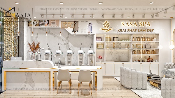 Thiết kế quầy lễ tân spa theo phong cách hiện đại với gam màu trắng chủ đạo