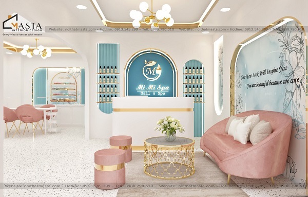 Thiết kế quầy lễ tân trẻ trung, năng động với gam màu hồng pastel nổi bật 
