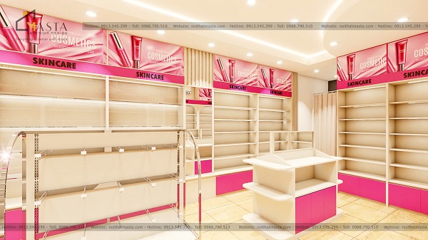 Bố trí 3 kệ ở giữa shop mỹ phẩm tạo lối đi thoải mái cho khách hàng