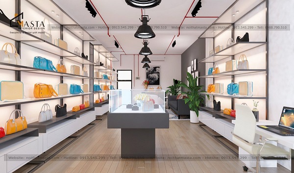 Phối cảnh 3D bên trong khu vực trưng bày shop túi xách chị Tú Nhi