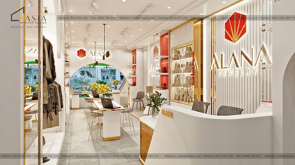 Thiết kế tiệm vàng Alana theo phong cách hiện đại, sử dụng tông màu xám trắng chủ đạo