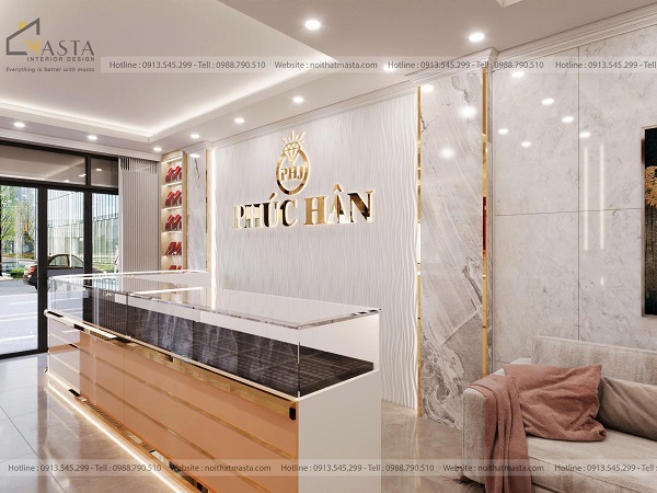 Bộ logo đặt trên nền tường sóng lượn, viền khung inox tăng độ nhận diện thương hiệu