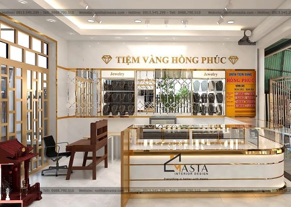 Sử dụng tủ kính ốp tường trưng bày dây chuyền để tiết kiệm diện tích