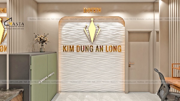 Thiết kế vách logo ốp gợn sóng 3D cùng bộ chữ inox thương hiệu đẹp mắt
