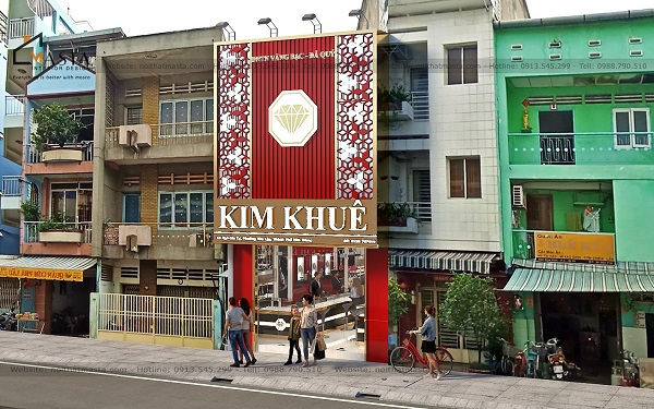 Mẫu thiết kế tiệm vàng Kim Khuê, Nha Trang với gam màu đỏ chủ đạo, toát lên vẻ đẹp cao cấp và sang trọng 
