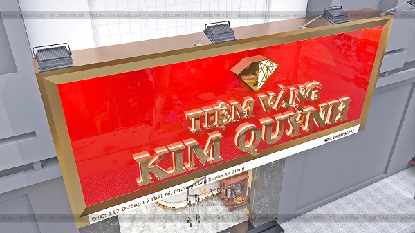 Bảng hiệu logo tiệm vàng Kim Quỳnh nổi bật trên nền đỏ