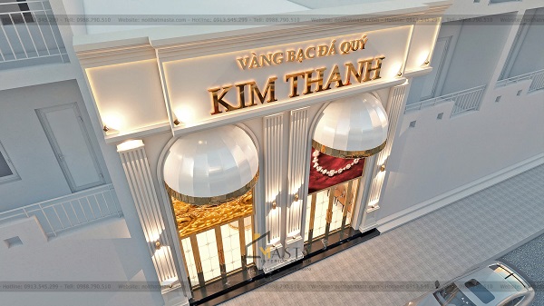 Bảng hiệu Kim Thanh đồng bộ với phần cửa và tủ trưng bày