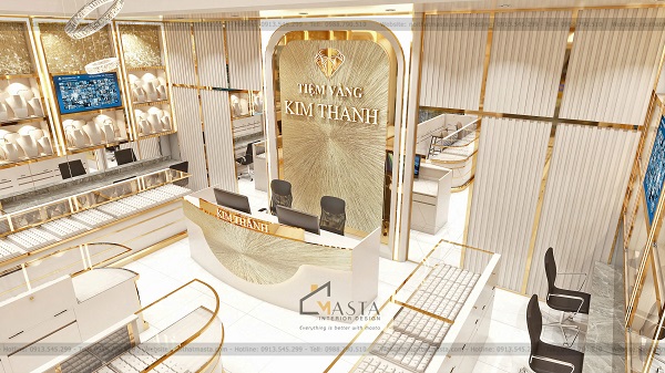 Khu vực thu ngân đặt ở cuối kết hợp background logo nổi bật để tăng độ nhận diện thương hiệu