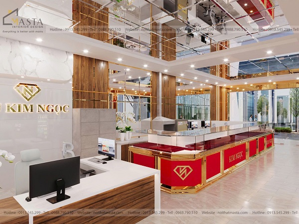 Thiết kế hệ tủ trưng bày khung viền inox mạ vàng kết hợp tủ màu đỏ nổi bật