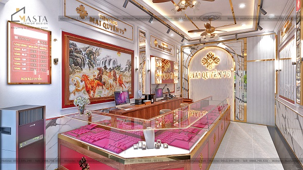 Phối cảnh 3D bên trong của thiết kế nội thất tiệm vàng Mai Quyên, Cần Thơ