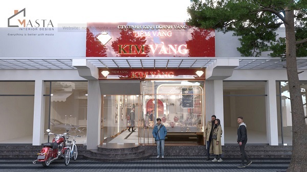 Thiết kế bảng hiệu tiệm vàng màu đỏ ở khu vực trung tâm