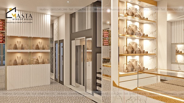 Bố trí thêm hệ tủ ở góc khuất để lưu trữ các mẫu trang sức khác